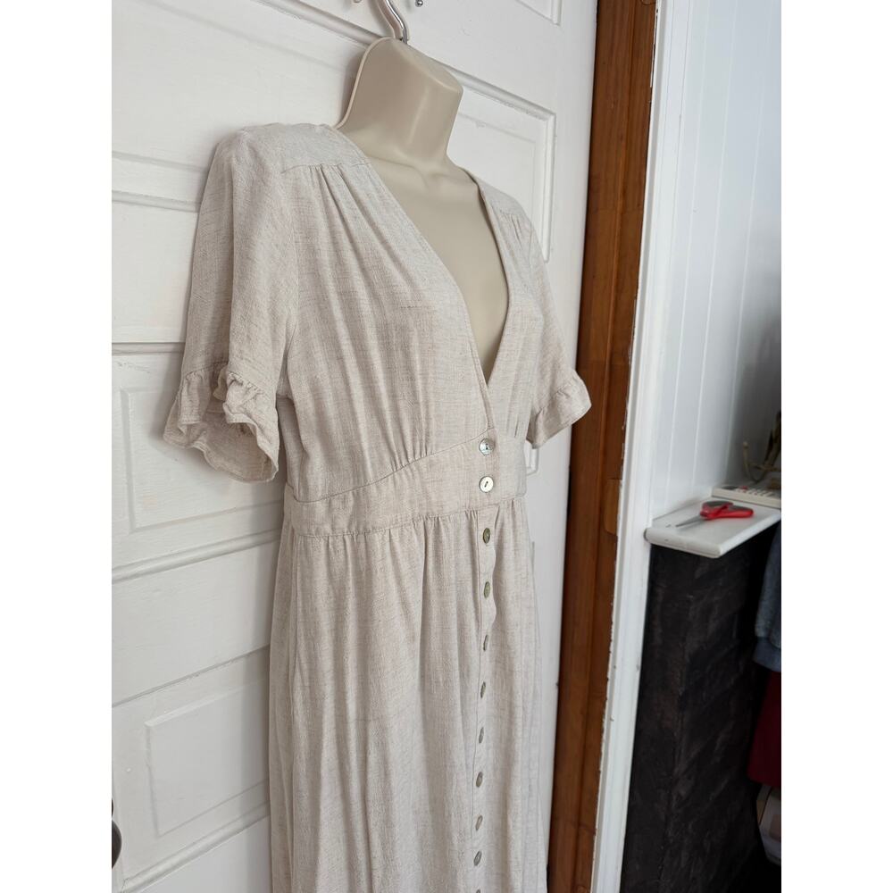 Petal n Pup USA US 10 Dress Ruffle Sleeve Button Beige 100% Linen Cottage Core